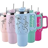 Elemtansy Personalized 40 Oz Tumbler with Handle and Straw, Custom Cup with Name & Birth Flower, Stainless Steel Travel Coffee Tumbler,Personalized Christmas Birthday Gifts for Women, Teen Girls