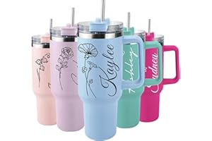 Elemtansy Personalized 40 Oz Tumbler with Handle and Straw, Custom Cup with Name & Birth Flower, Stainless Steel Travel Coffee Tumbler,Personalized Christmas Birthday Gifts for Women, Teen Girls