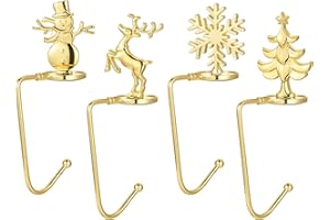CozyCabin 4Packs Christmas Stocking Holders Snowman Reindeer Snowflakes Christmas Tree Metal Stocking Hangers Home Fireplace Shelf Staircases Golden Decoration