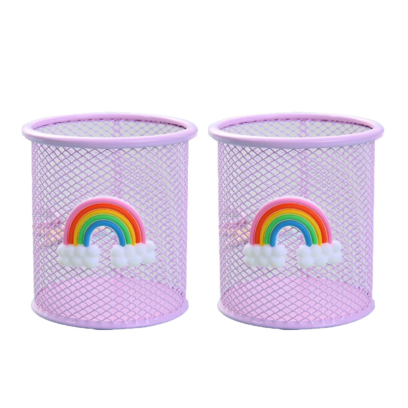 HBYMYDA Pen Holder Metal Mesh Pencil Holder Round Desk Tidy Pen Pot with Rainbow Pattern for Desk Office Pen Organizer Pink 2 Pack