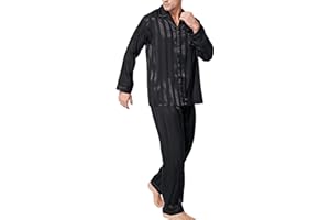 Lonxu Pajamas Set Mens Silk Satin Pajamas Long Sleeve Loungewear Two-Piece Sleepwear Button-Down Pj Set S-XXXXL