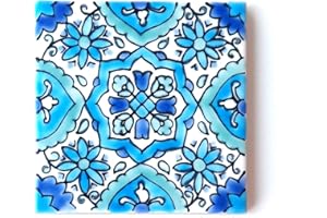 GENERIC DyARI Decorative Ceramic Tiles - Hand Painted Indoor & Outdoor Floor Spanish Artisan Tile Top Kitchen Mediterranean 4-''x4-'' Durable Colorful 140 g (Eau V 9), (EV216)
