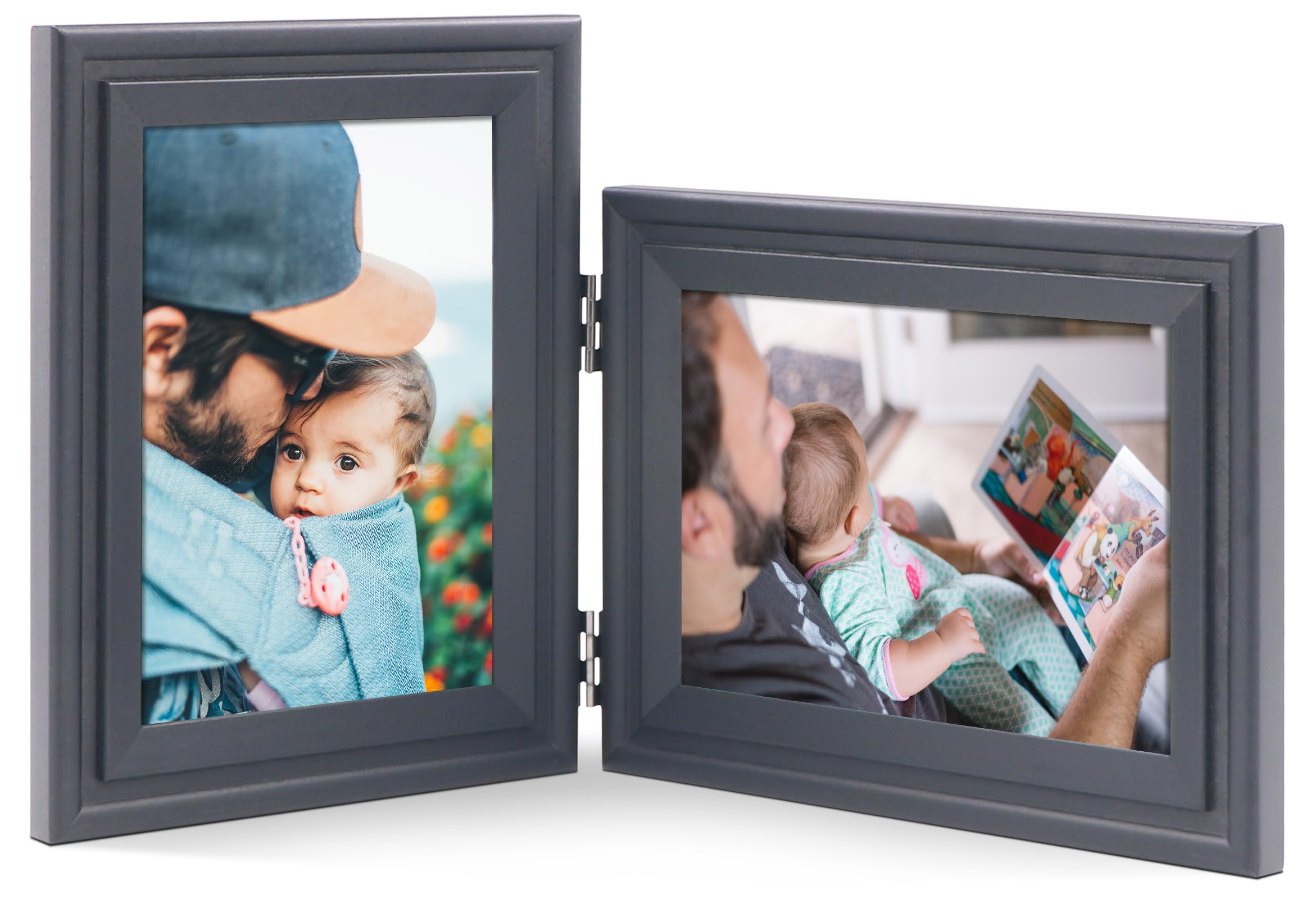 JD Concept Vertical Horizontal Combo, Double 7x5 (13 x 18 cm) Black Wood Hinged Photo Picture Frame, Desktop or Wall Mounted, Portrait and Landscape View