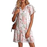 Dokotoo Womens Summer Dresses 2026 Boho Floral V Neck Drawstring Ruffle Short Sleeve Casual A-Line Swing Mini Dress Sundress