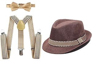 HIHCBF 1920s Kids Costume Accessories Set Boys Party Outfits Adjustable Suspenders Pre-Tied Bow Tie Short Brim Fedora Hat
