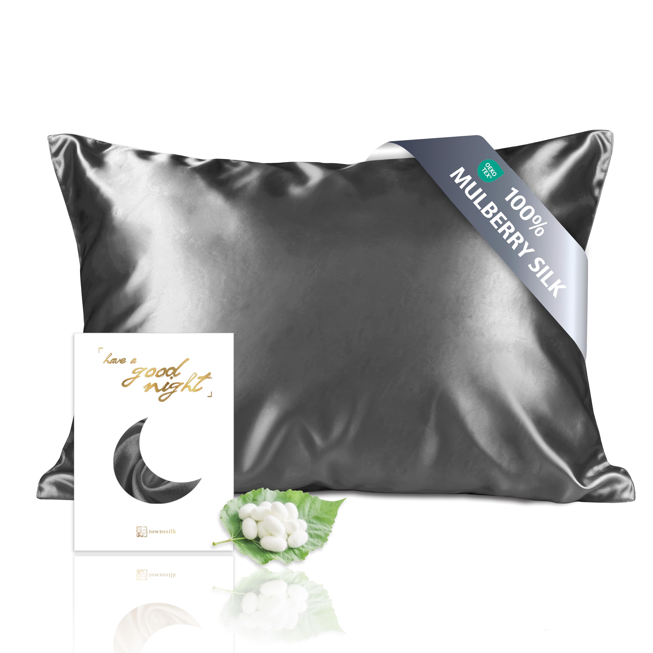 townssilk Both Side 100% 19mm Silk Pillowcase 40x80cm Pillow Case Cushion Cover with Hidden Zipper Darkgrey
