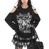 Hewlshawn Women's T-Shirt One Shoulde Tee Long Sleeve Harajuku Goth Casual Y2K Streetwear Fashion Grunge Clothes