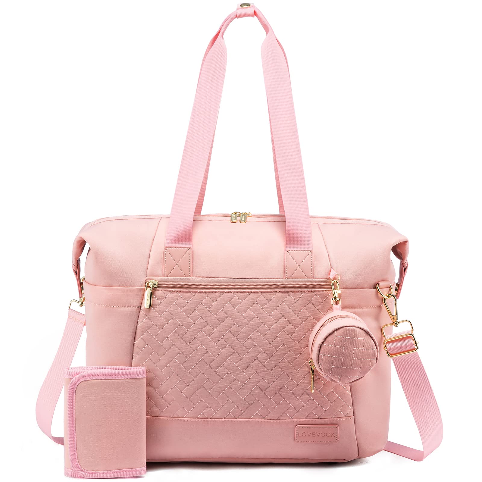 LOVEVOOK Diaper Bag Tote, Large Baby Tote Bag, Travel Diaper Tote for Mom and Dad with Changing Pad and First Aid Bag, Pink Image