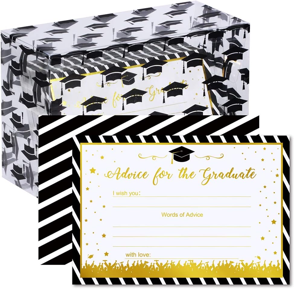 Supla 70 Pcs Graduation Cards Advice Cards Gold Foil Black Striped Well Wishes Cards Wishing Cards Words of Wisdom Cards with Box Graduation Memory Cards Advice for High School College Grad Cards