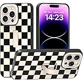 Yeddabox for iPhone 14 Pro Case with Finger Strap Kickstand, Checkered Phone Case Full Camera Protection Shockproof Soft TPU and Hard PC Back Cover for Women Men, Black and White