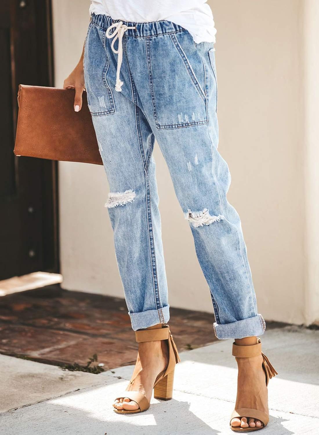 Sidefeel Women Pull-on Distressed Denim Joggers Elastic Waist Stretch Pants at  Women's Jeans store