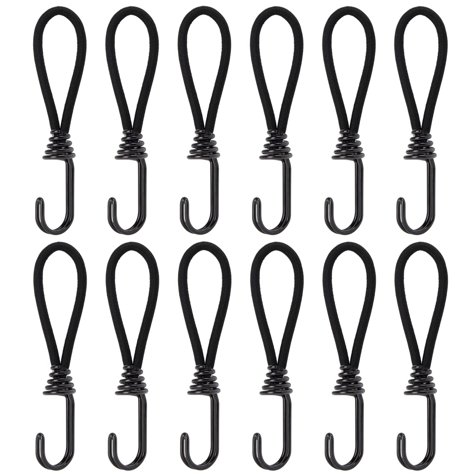 Bungee Cords with Hooks, 12pcs Metal Shock Cord Hook Tent Elastic Rope Stretch Straps for Tarpaulins, Pavilions, PVC Banners, Camping Covers, Black