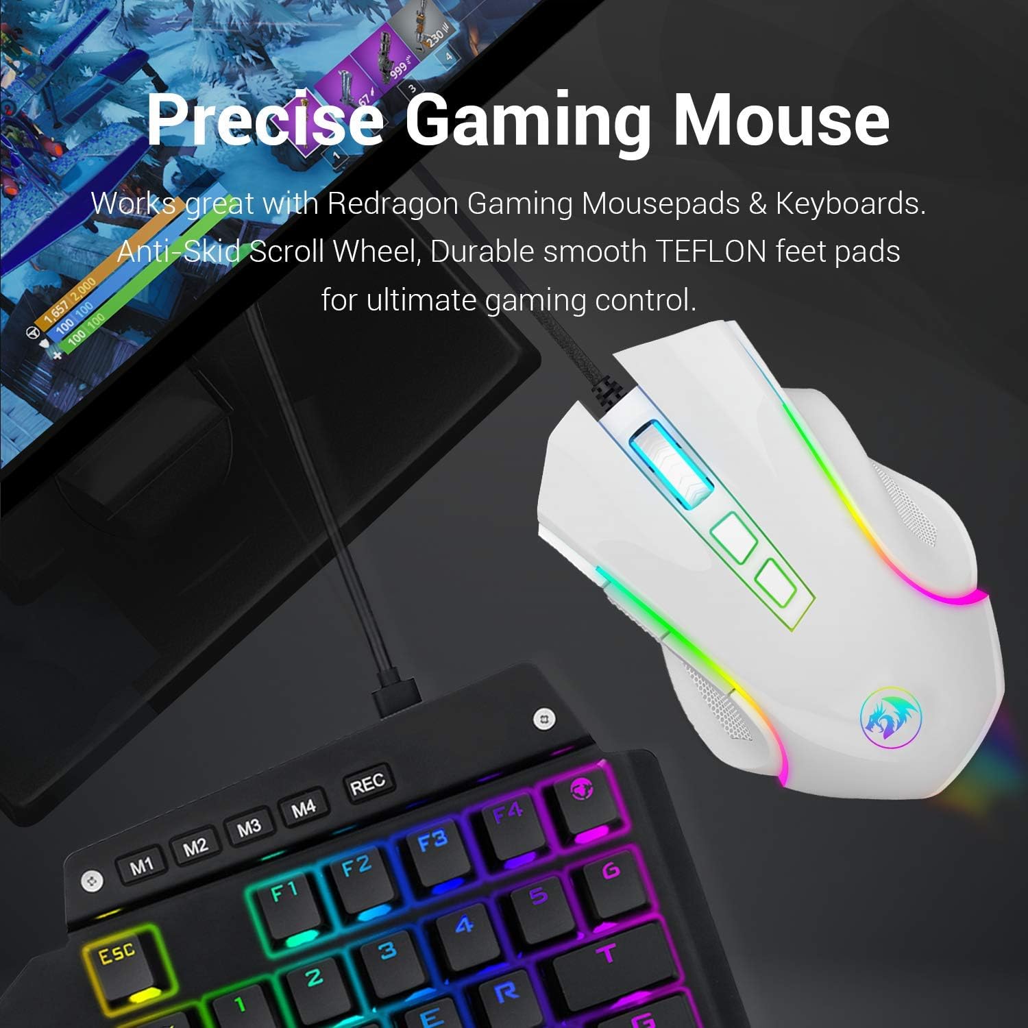 Redragon M602 RGB Wired Gaming Mouse RGB Spectrum Backlit Ergonomic Mouse Griffin Programmable with 7 Backlight Modes up to 7200 DPI for Windows PC Gamers (White): Computers & Accessories