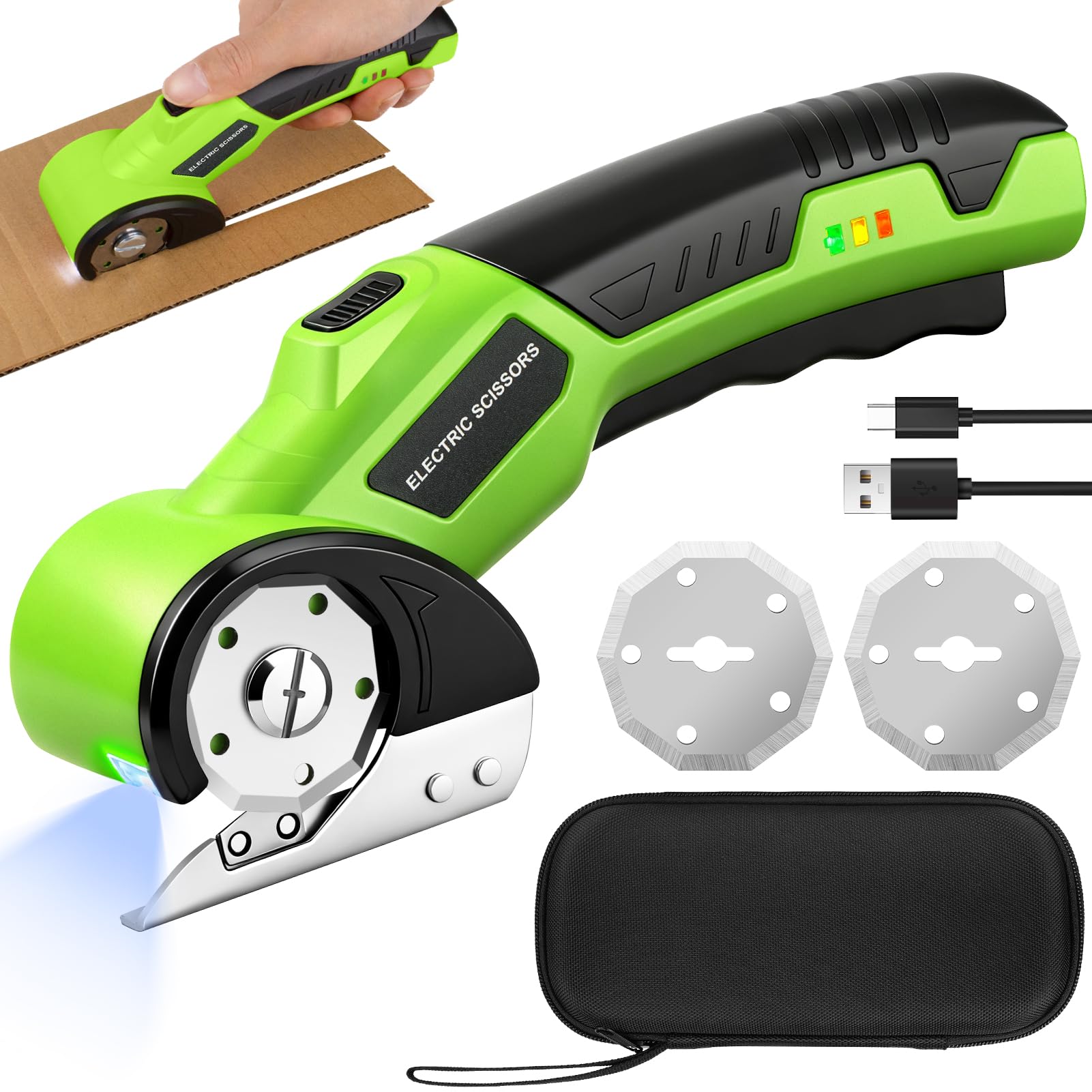 Photo 1 of Cordless Electric Scissors, 4V Rechargeable Rotary Cardboard Cutter with 2 Blades Safety Lock & LED Light, USB Cable for Plastic, Box, Carpet, Leather, DIY Crafts