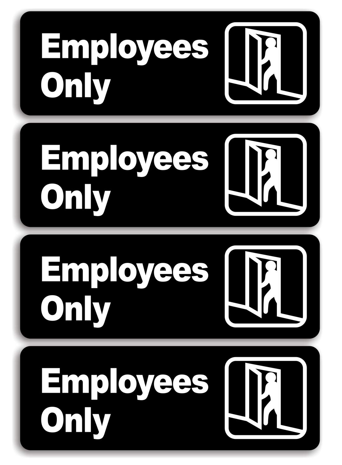 Photo 1 of "Employee Only" Informative Acrylic Plastic Sign with Symbols, (4 Pack) 9 X 3 Inch, Self Adhesive, Use for Office/Business, Easy to Apply, White Big Letters on Black Plate