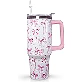 Ceovfoi 40 Oz Pink Bow Tumbler With Handle, Pink Bow Decor Coffee Travel Mug Cup Water Bottle, Gifts for Women Girls