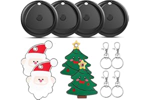 RAYKIT Tracker Tags-4 Pack and 4 Free Leather Keychain Holder (Christmas Series) Work with Apple Find My (iOS Only), Bluetooth Tracker Key Finder, Replaceable Battery Smart Tag for Keys, Wallet, Luggage etc