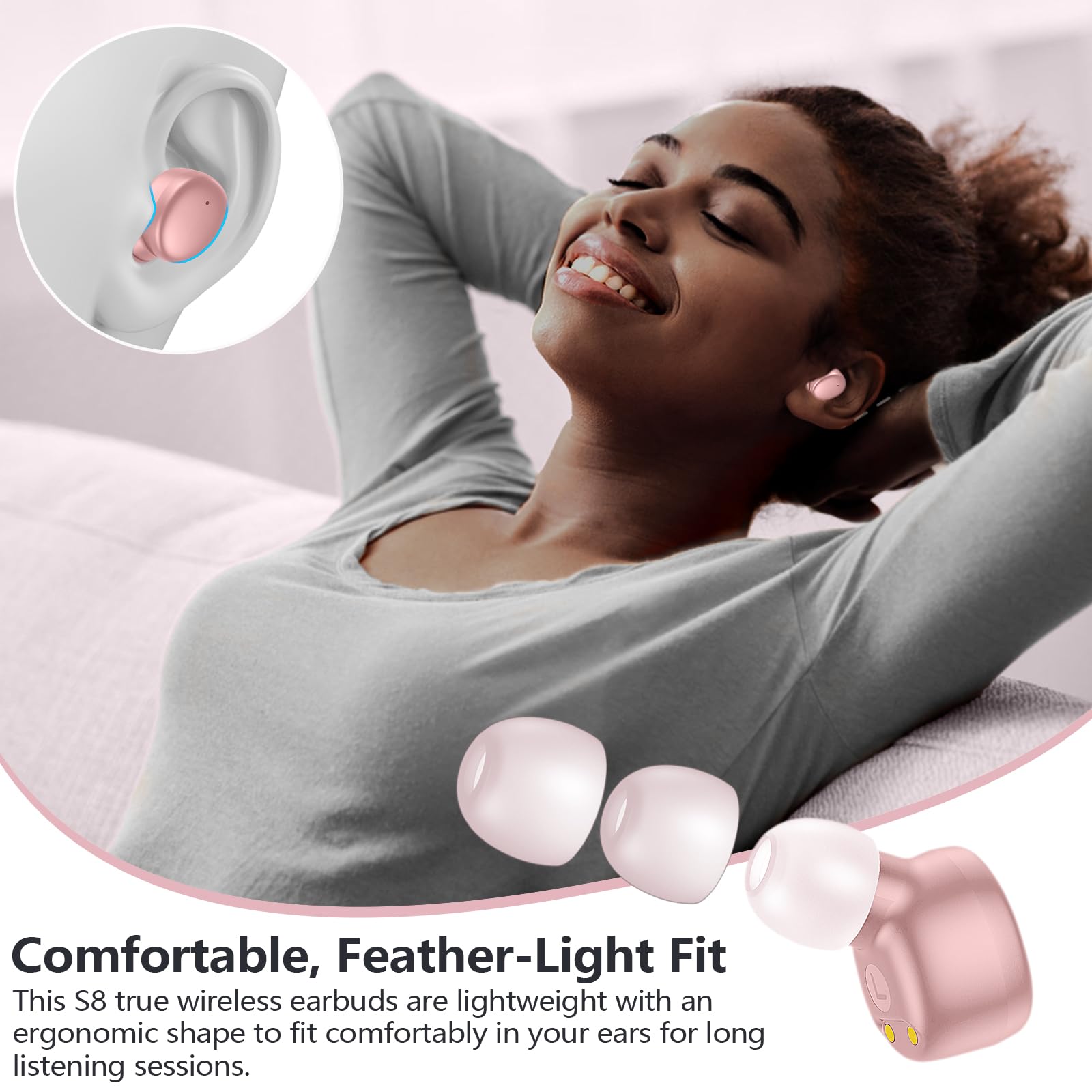 MOZOTER S8 Mini Wireless Earbuds Bluetooth 5.3 in Ear Light-Weight Headphones,60Hrs Playtime Ear Buds with Charging Case,Bluetooth Headsets,Premium Sound with Deep Bass for Sport-Pink - Image 5