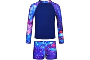 TENVDA Girls Rash Guard Swimsuit Long Sleeve Bathing Suits with Shorts for 3-12 Years Old Kids