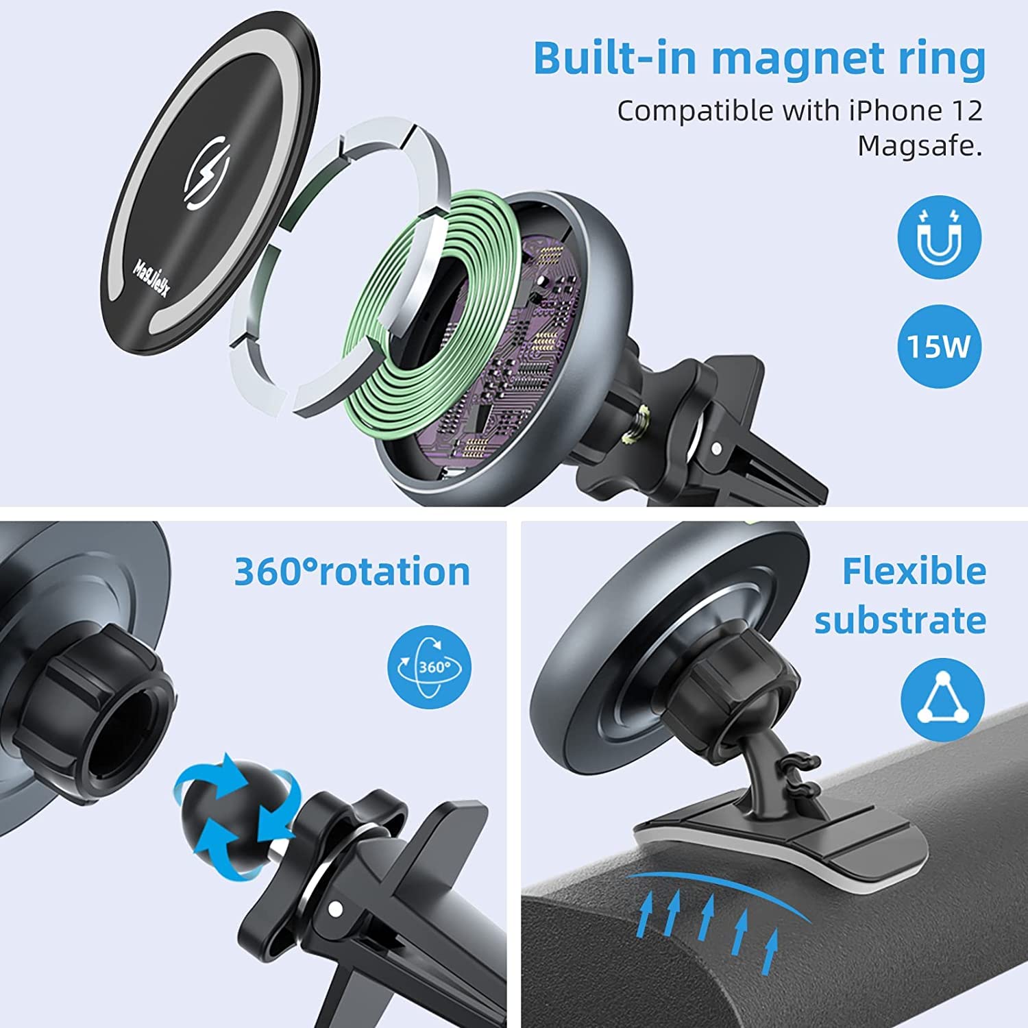 for Magsafe Car Mount Wireless Charger Magnetic Fast Charging Compatible with iPhone 16,15,14,13,12,Pro Max,Mini,Magsafe Case, Air Vent and Stick On Dashboard Car Phone Holder
