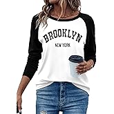 Hilinker Women's Long Sleeve Graphic Tees Color Block Tops Casual Loose Crew Neck T Shirts