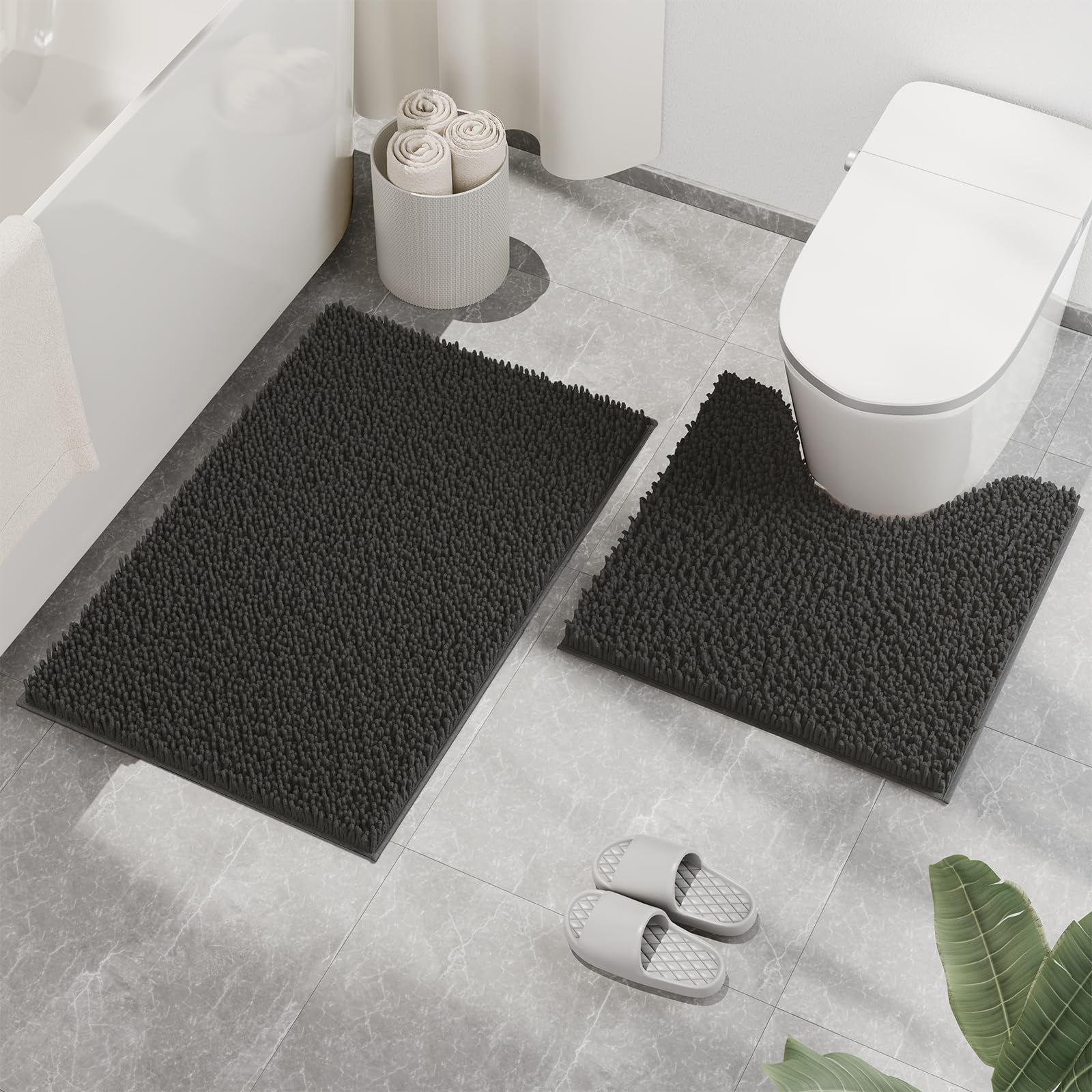 RUN HELIX Non Slip Chenille Bathroom Mat Sets 2 Piece, Versatile Soft Bathroom Mat with U-Shaped Toilet Rug, Machine Washable Absorbent Bath Mats for Bathroom, Indoor Scenes, 50x80&50x50cm, Dark Grey