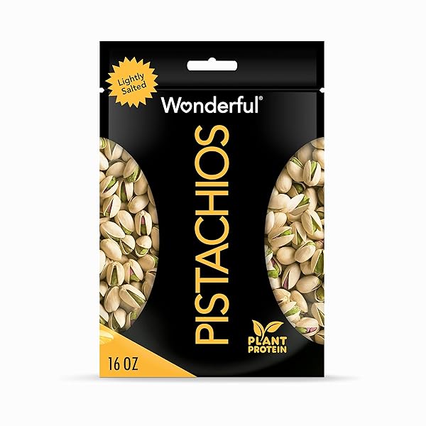 WONDERFUL PISTACHIOS IN SHELL, LIGHTLY SALTED NUTS, 16 OUNCE RESEALABLE BAG, PROTEIN SNACKS, GLUTEN FREE, HEALTHY FOOD, OFFICE SNACKS