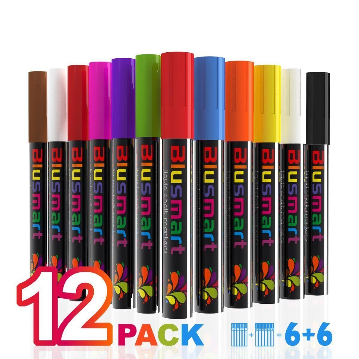 Chalk Markers, Blusmart 12 pack Colorful Erasable Glass Window Pens with 40 Chalkboard Labels, Reversible Tips 6mm+3mm, Children Friendly