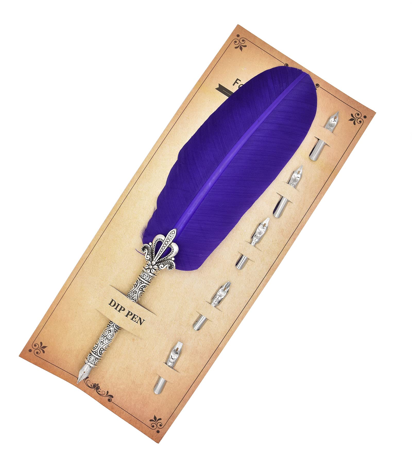 Gullor Calligraphy Feather Quill Pen and 5 Calligraphy Nibs for Beginners Kids Calligraphy Writing Quill Dip Pen Set, Purple