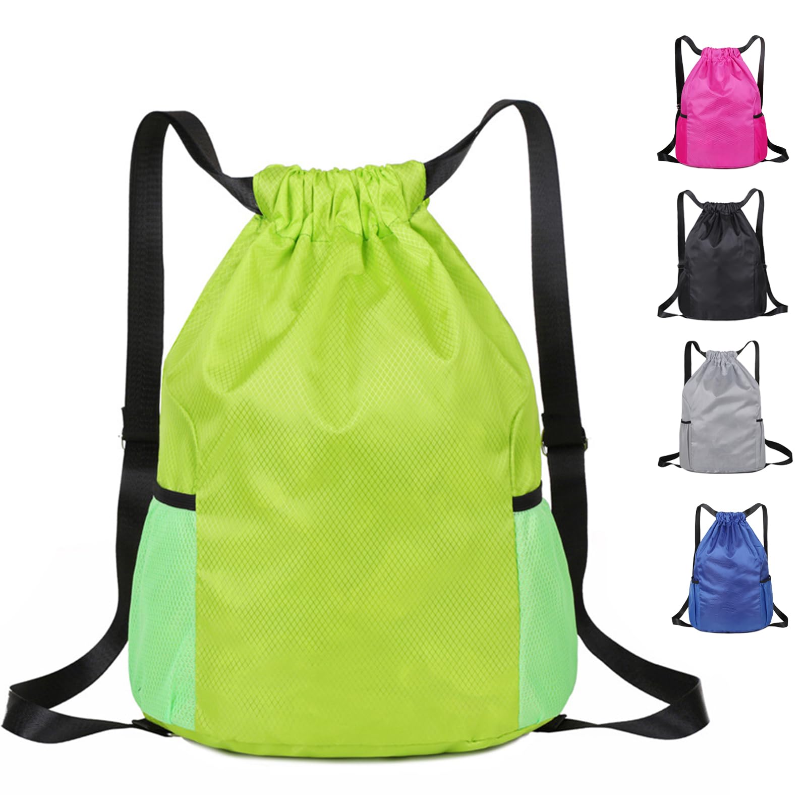 Toced Drawstring Bag, Unisex Large Sports Backpack String Drawstring PE Bags, Sport Gym Sack have Two Side Pockets, Travel Beach Swim School Bag with Waterproof (Green)