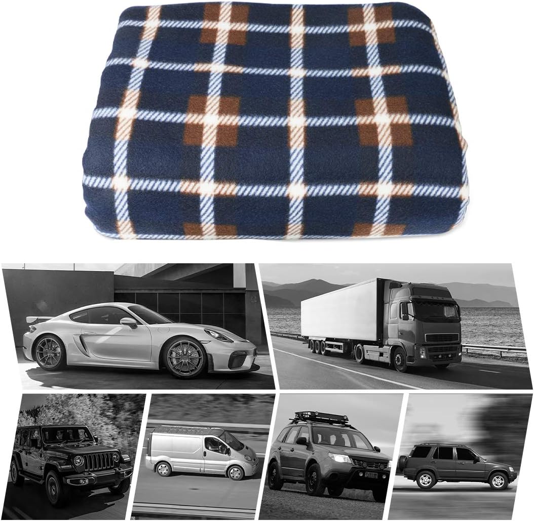 MRCARTOOL Car Electric Heated Blanket, 12V Blue and White Lattice Wool