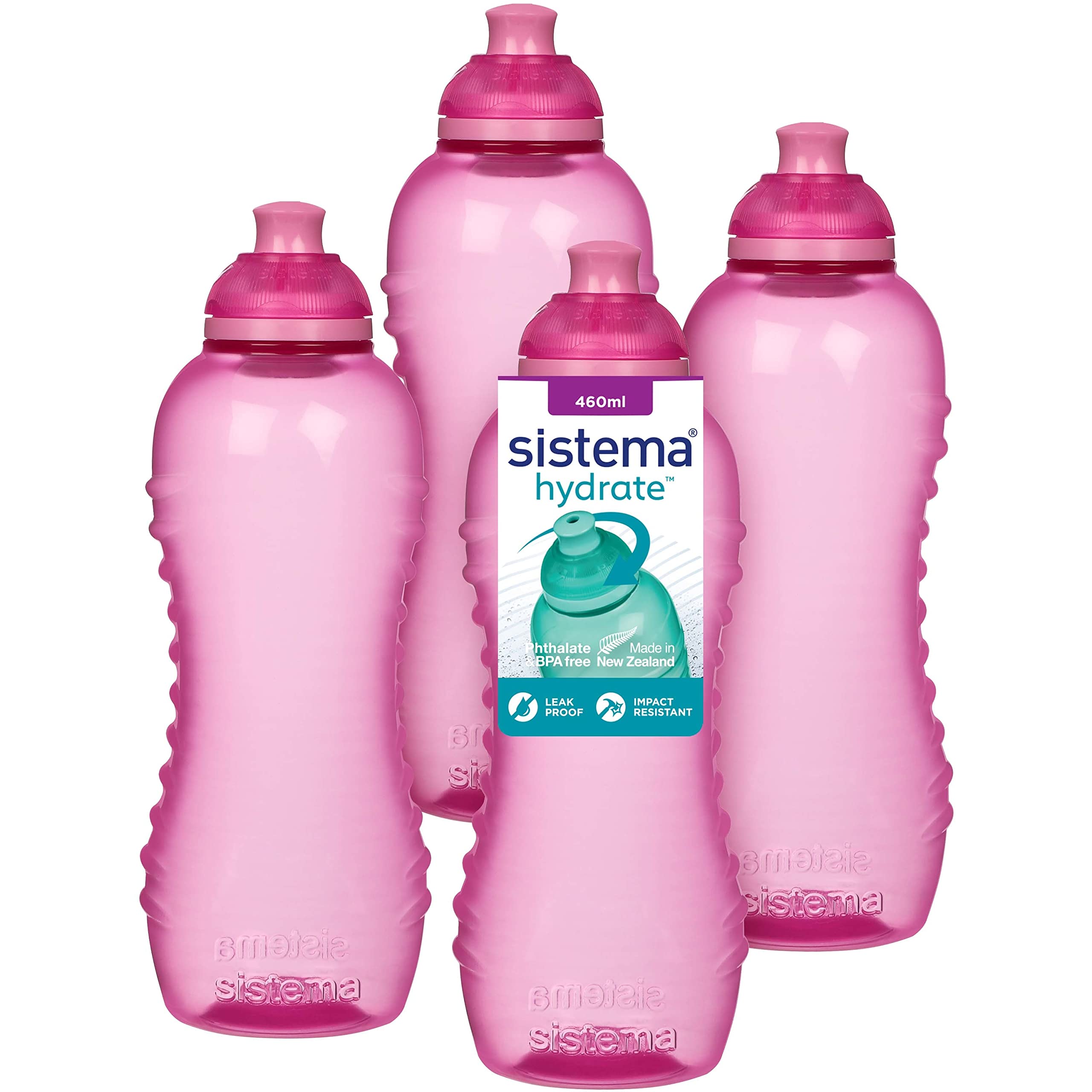 Sistema Squeeze Twist 'n' Sip Sports Water Bottles | 460 ml | Leakproof Kids Water Bottles | BPA-Free | Pink | 4 Count
