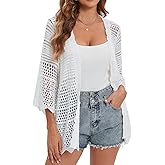 WESURE Crochet Cardigan for Women 3/4 Sleeve Open Front Lightweight Lace Boho Cover Up