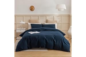ECOCOTT Navy Blue Duvet Cover Queen Size, 100% Washed Cotton 3 Piece Bedding Set 1 Duvet Cover with Zipper and 2 Pillowcases, Ultra Soft and Easy Care Breathable Duvet Cover(Navy Blue, Queen)