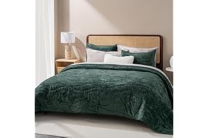 EVERGRACE Luxury Velvet Quilt Set King Size, Ultra Soft Velvet Bedding, Lightweight Velvet Comforter for All Season, Wave Crushed Velvet Coverlet Oversized Bedspread with 2 Shams, Emerald Green