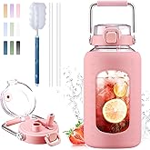 BLUEGO 84oz Water Bottle Glass with Stainless Steel Handle Large 2.5l Water Bottle with Time Markers and Silicone Sleeve Half Gallon Water Jug BPA Free for Gym Daily Use, Pink