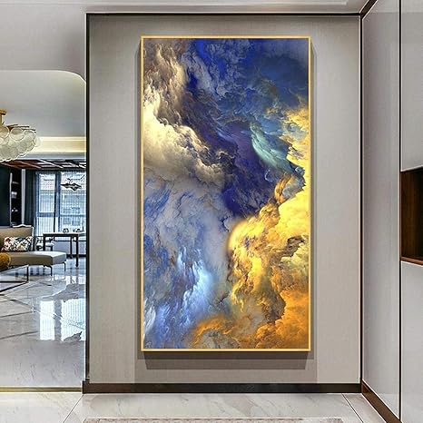 Amazon 現代絵画抽象黄金と青の雲霧北欧の壁アートとプリント現代アートファンタジー写真リビングルームの装飾50x100cmフレームなし ウォールステッカー オンライン通販