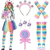 NinkyNonk Galentine's Day Candyland Costume Accessories Headband Sweet Rainbow Necklace Lollipop Earrings Jombo Handheld Candy Gloves Tights for Candy Theme Cosplay Accessories