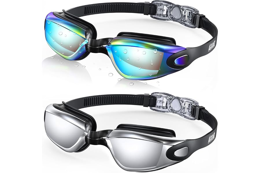 Aegend Swim Goggles 2-Pack, No Leaking Anti-Fog UV Protection Mirrored Swim Glasses for Adult Men Women, Wide View Outdoor