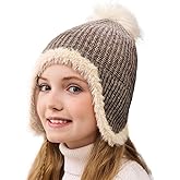Girls Winter Beanie Hat with Ear Flaps Kids Warm Fleece Lined Pom Pom Knit Hats Snow Ski Cap 4-10 Years