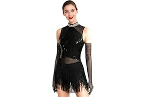 Yhong Women's Latin Tango Jazz Salsa Dance Leotard Fringe Sequin Bodysuit Dress with Gloves Cocktail Outfits