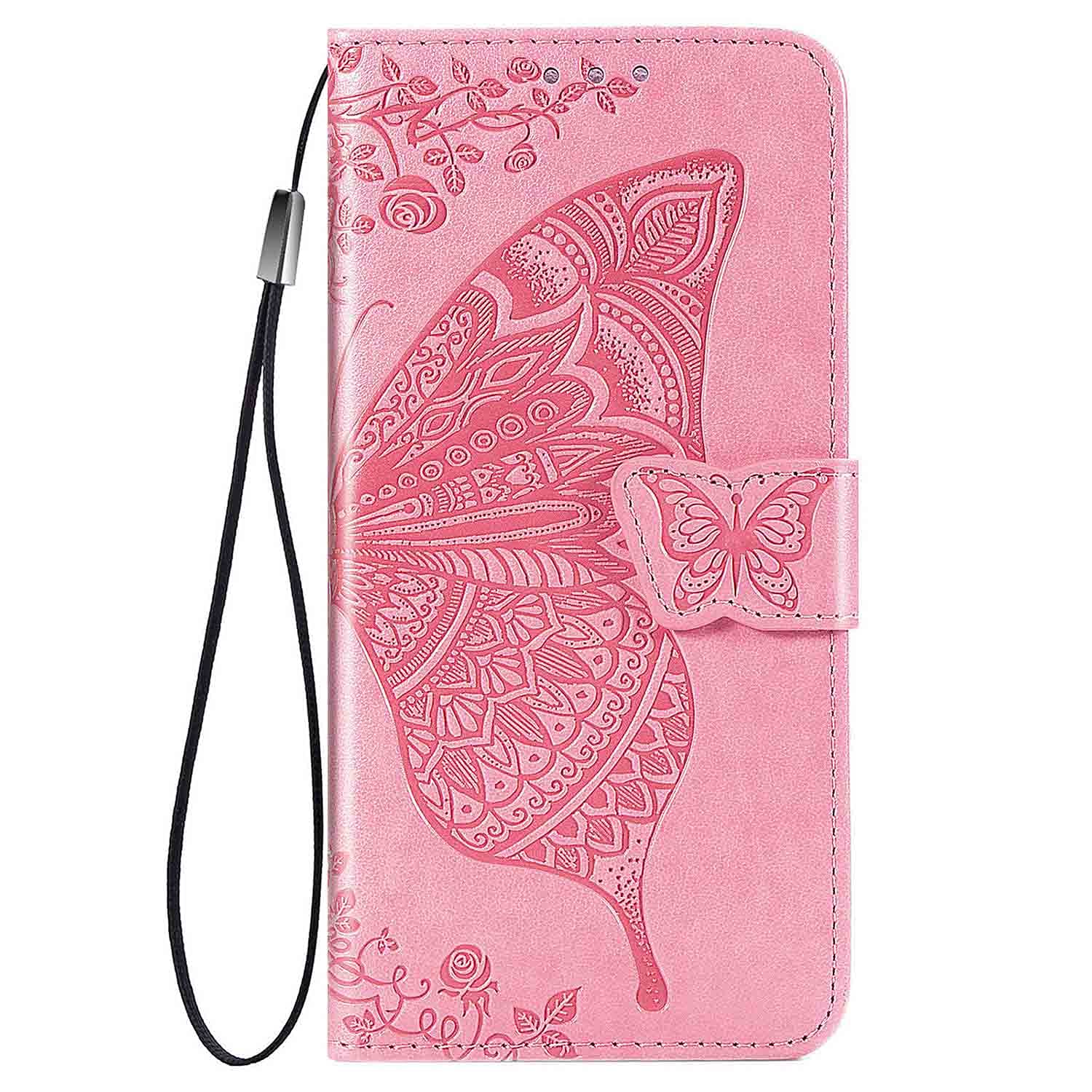 AMWEI Leather Flip Cover for Huawei Honor X7 Case, Butterfly Embossing Magnetic Closure Protection Shell Bumper Wallet with [Card Slots]& [Kickstand]. Pink