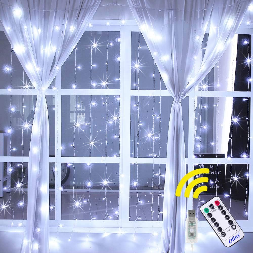 Ollny Curtain Lights 6.6ft x 6.6ft 192 LEDs Cool White Window String Fairy Lights USB Powered with 8 Modes Remote Control for Christmas Bedroom Indoor Wedding Outdoor Party Decoration NOT CONNECTABLE