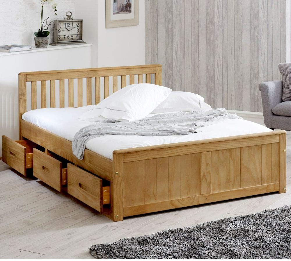 Happy Beds Mission Wooden Solid Waxed Pine Storage Bed Drawers Furniture with Flex 1000 Orthopaedic Mattress 4'6'' Double 135 x 190 cm