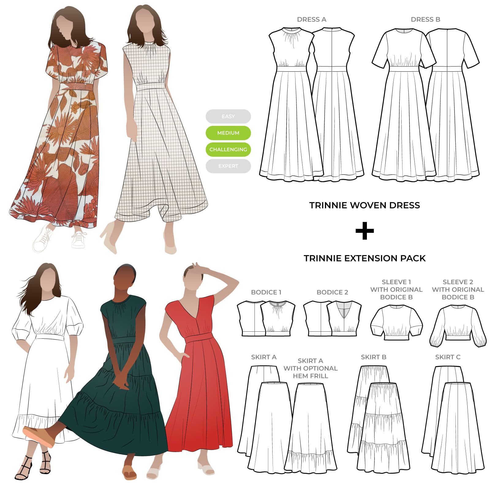 Style Arc Sewing Pattern - Trinnie Woven Dress Plus Extension Pack Bundle (Sizes 18-30)