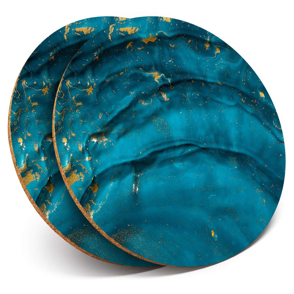 2 x Round Coasters - Blue Teal Turquoise Ink Art - Cork Backed Home Kitchen Accessory Tea Coffee Mug Mat #2094