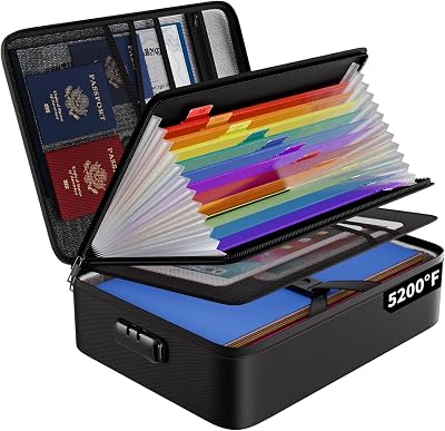 ENGPOW Fireproof Document Box 5200℉ 13 Pockets Lockable A4 Storage Organizer