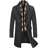 COOFANDY Men's Wool Blend Coat with Detachable Plaid Scarfs Notched Collar Single Breasted Pea Coat Trench Overcoat