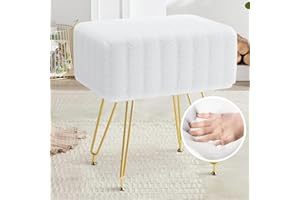 OUTMASTER Faux Fur Square Vanity Stool : Soft Footrest 4 Metal Legs with Anti-Slip Feet，Super Soft Padded Seat，Removable and 