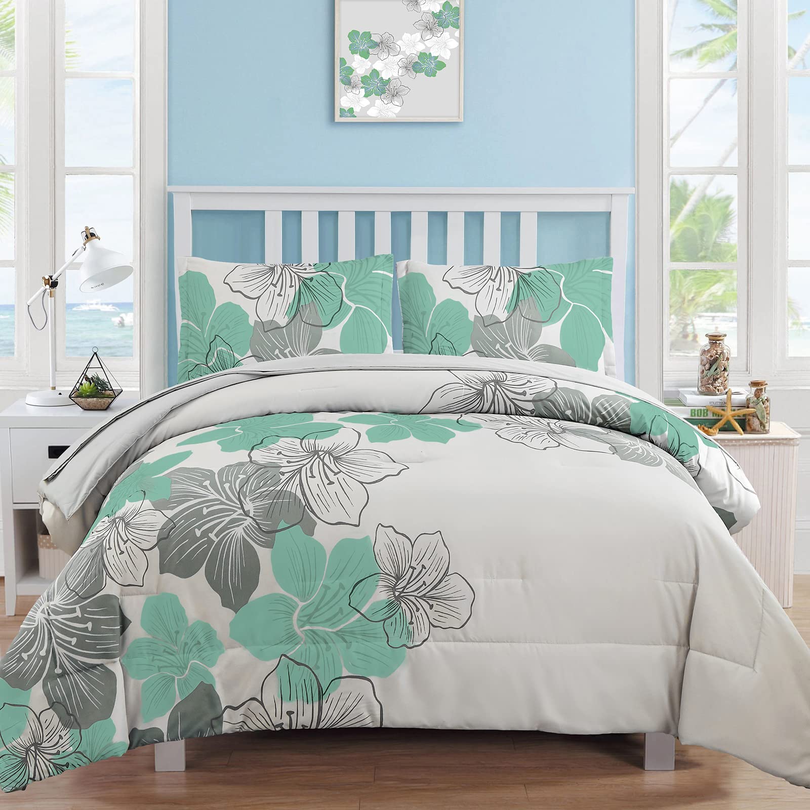 Luxudecor Floral Comforter Set King Size Green Floral Pattern Bedding Comforter Soft Microfiber 7 Pieces Bed in a Bag (1 Comforter, 2 Pillow Shams, 1 Flat Sheet, 1 Fitted Sheet, 2 Pillowcases) Image